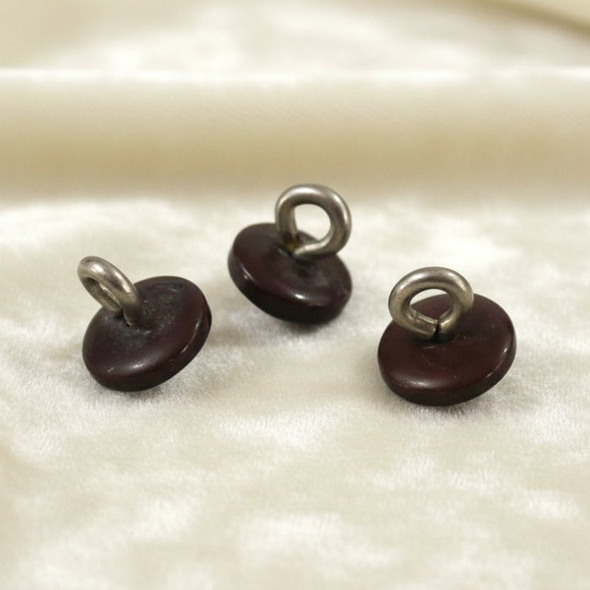 14L Set of Three Aubergine Diminutive Glass Pin Shank Buttons, 11/32".
