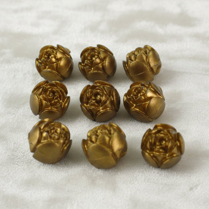 15L Set of Nine 1950s Plastic Brass-tone Rosebud Blouse Buttons, 3/8"