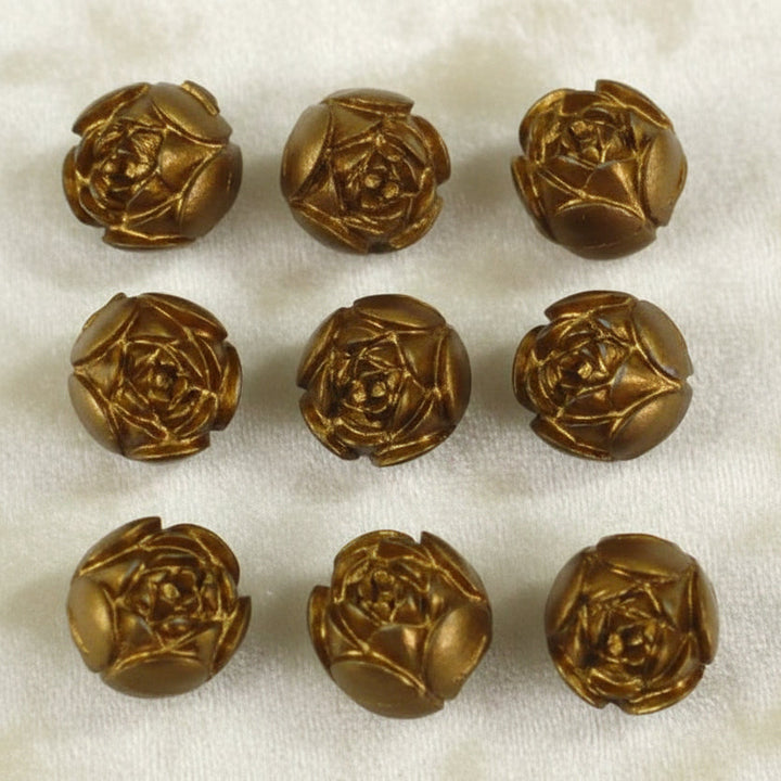 15L Set of Nine 1950s Plastic Brass-tone Rosebud Blouse Buttons, 3/8"