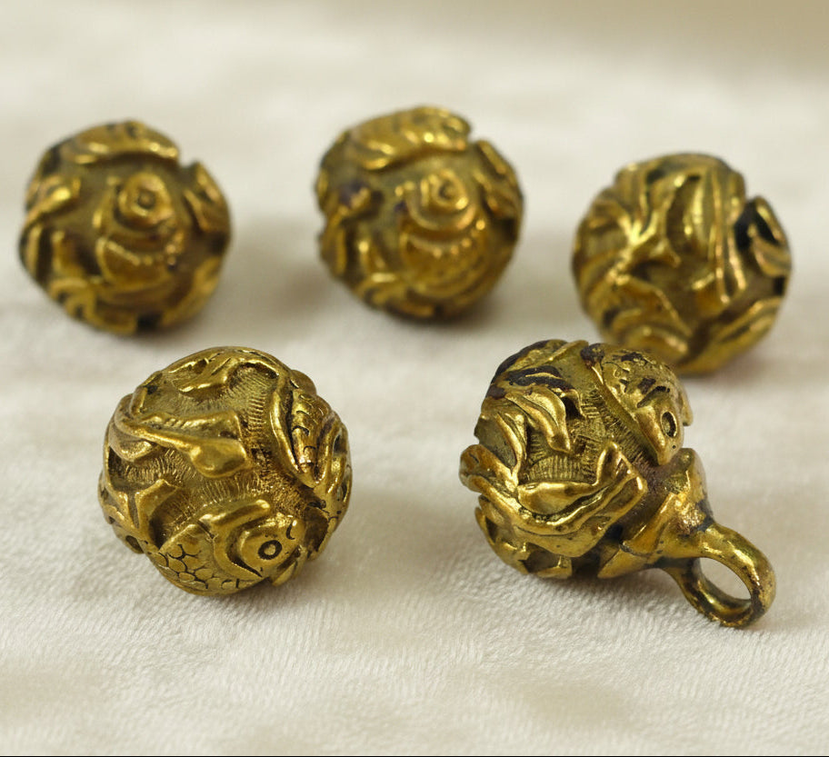 16L Set of Five Chinese Fish Brass Peasant Robe or Surcoat Buttons, 3/8".