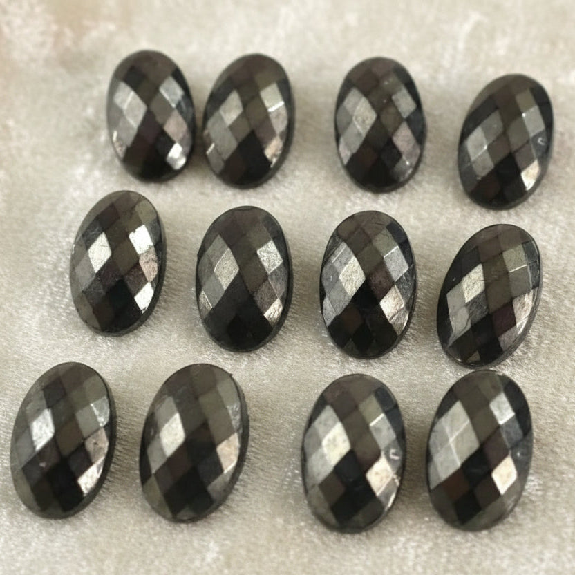 16L Set of Twelve Faceted Hematite Luster Glass Oval Buttons, 3/8".