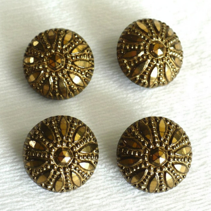 21L Set of Four Metallic Gold Luster Black Glass Shank Buttons, 17/32".