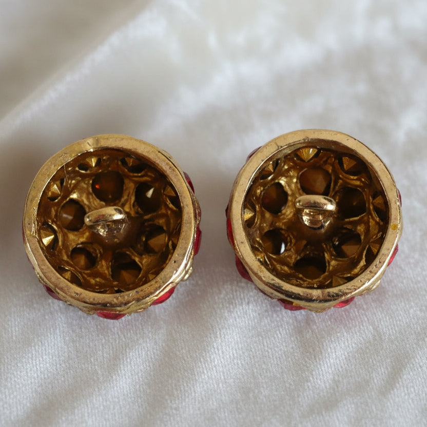 29L Set of Two Red Rhinestone Gold Shank Dome Buttons, 3/4"