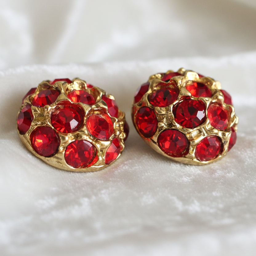 29L Set of Two Red Rhinestone Gold Shank Dome Buttons, 3/4".
