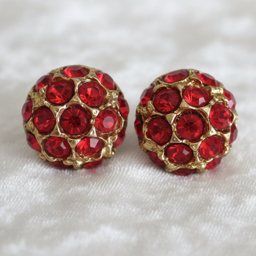 29L Set of Two Red Rhinestone Gold Shank Dome Buttons, 3/4"