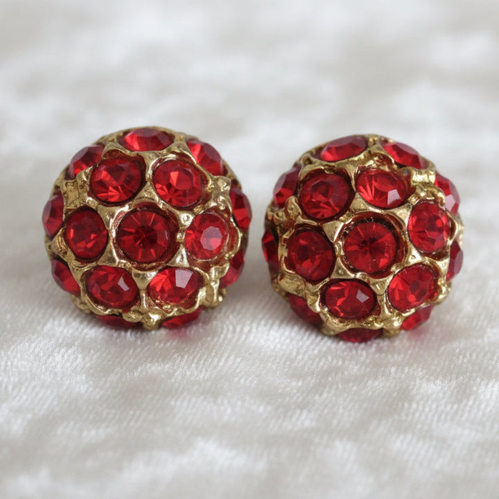 29L Set of Two Red Rhinestone Gold Shank Dome Buttons, 3/4"