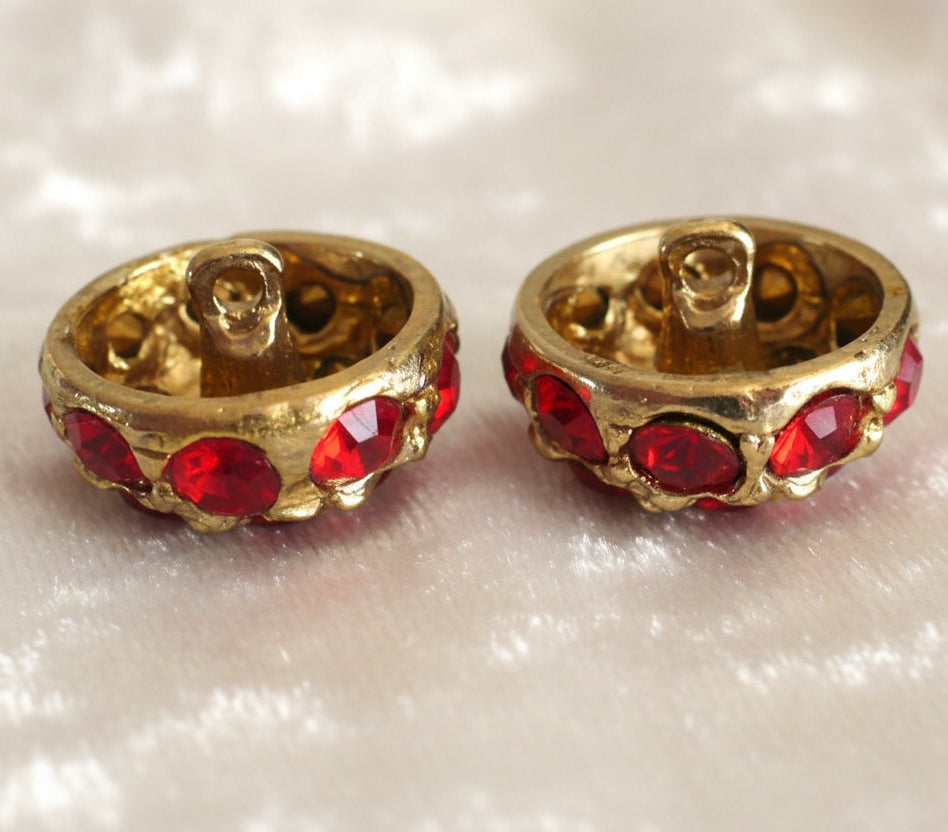29L Set of Two Red Rhinestone Gold Shank Dome Buttons, 3/4"