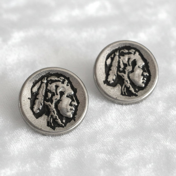 35L Set of Two Repoussé Metal Indian Head Shank Buttons, 7/8".