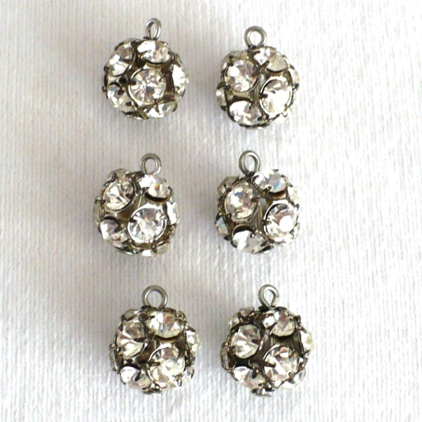 19L Vintage Set of Six Fashion Prong-set Rhinestone Ball Buttons, 1/2"