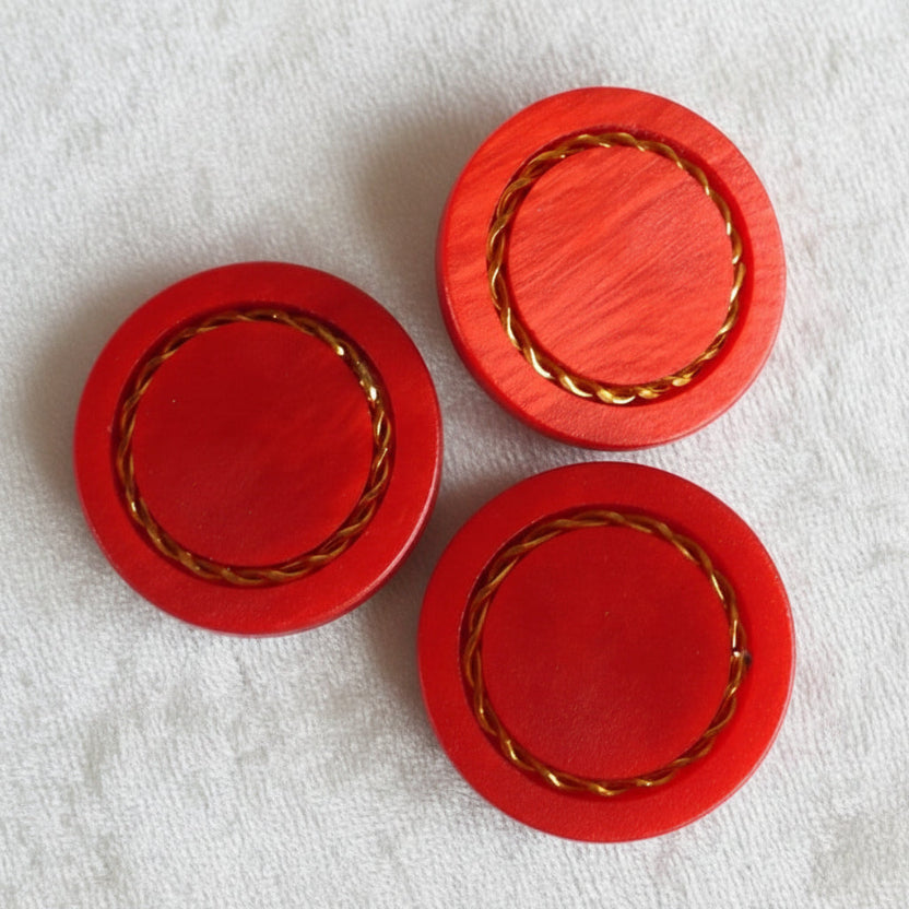 46L Set of Three Red w/Gold Rope Inlay Shank Fashion Buttons, 1 3/16"