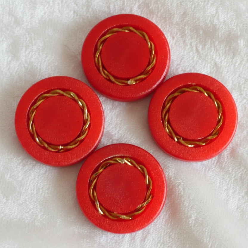 31L Set of Four Red w/Gold Rope Inlay Shank Fashion Buttons, faces.