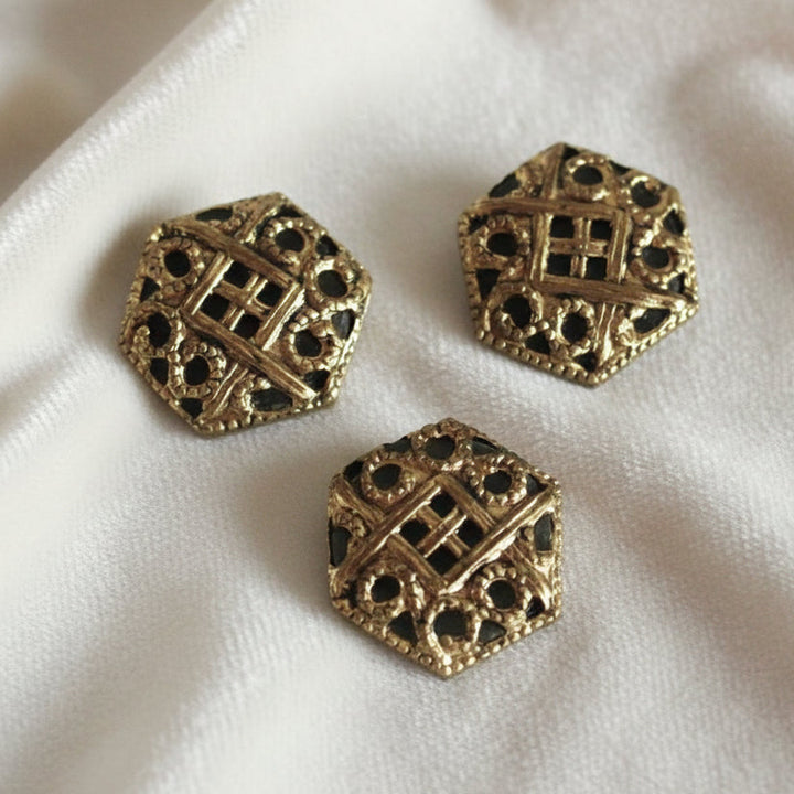 15L Set of Three 1890-1910 Art Nouveau Pierced Brass Dimi Buttons, 3/8",showing brass fronts.