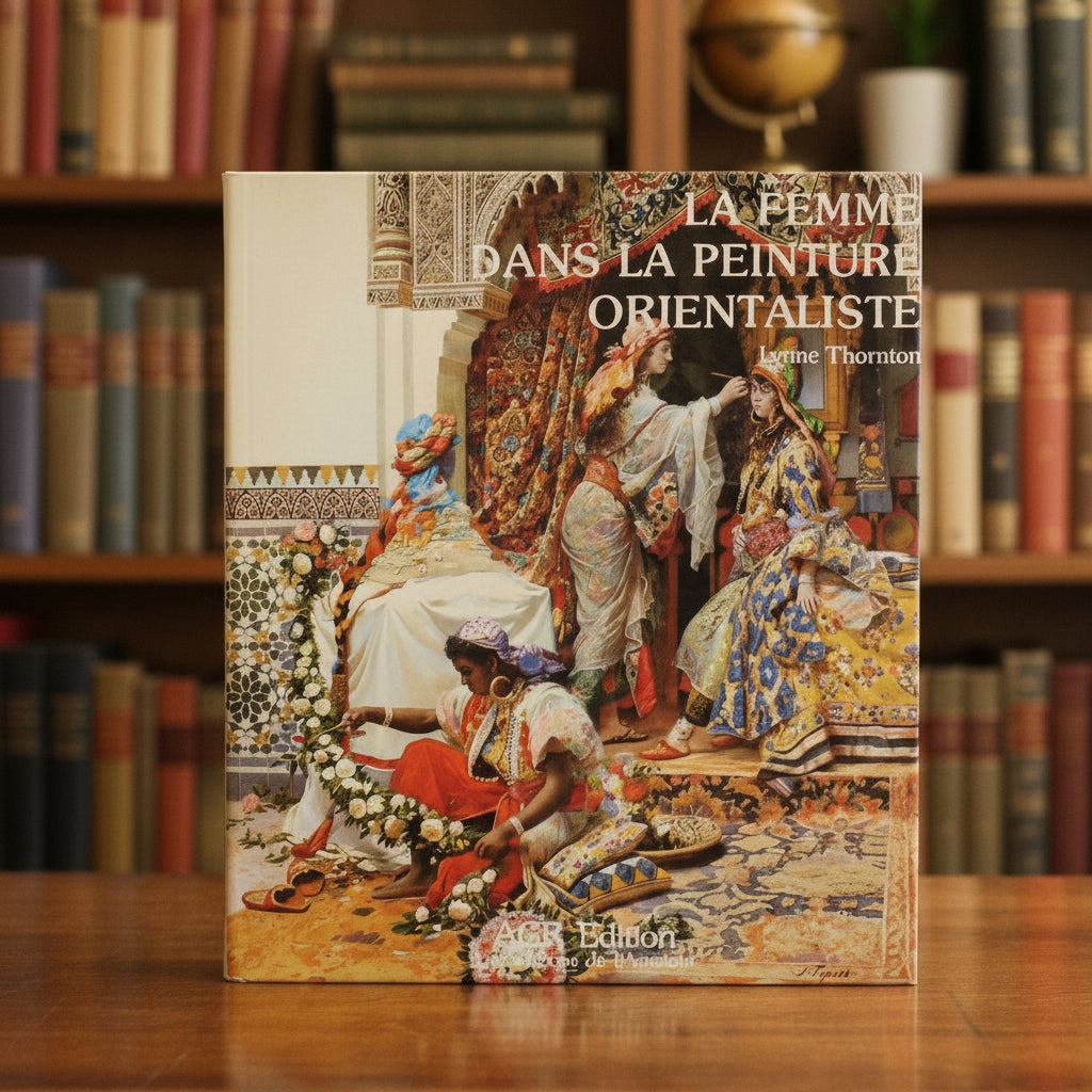 Book titled 'La Femme dans la Peinture Orientaliste' on a wooden surface with a bookshelf in the background.