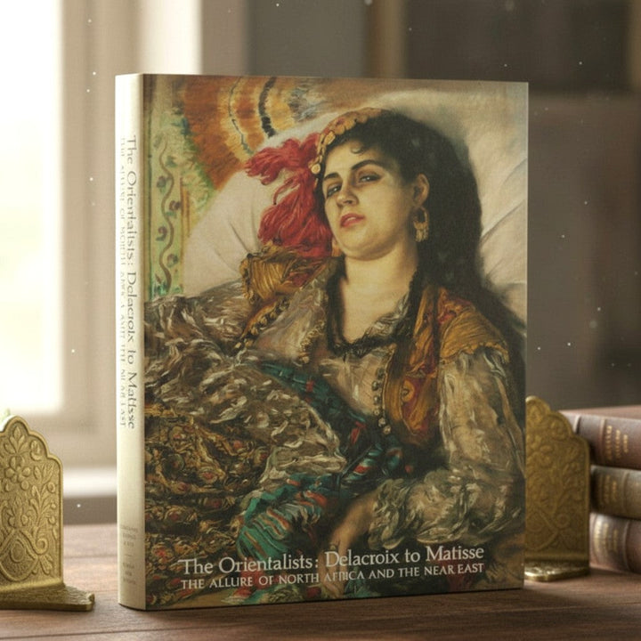 Book coverof The Orientalists: Delacroix to Matisse 1984 with a painting of a woman on a wooden surface