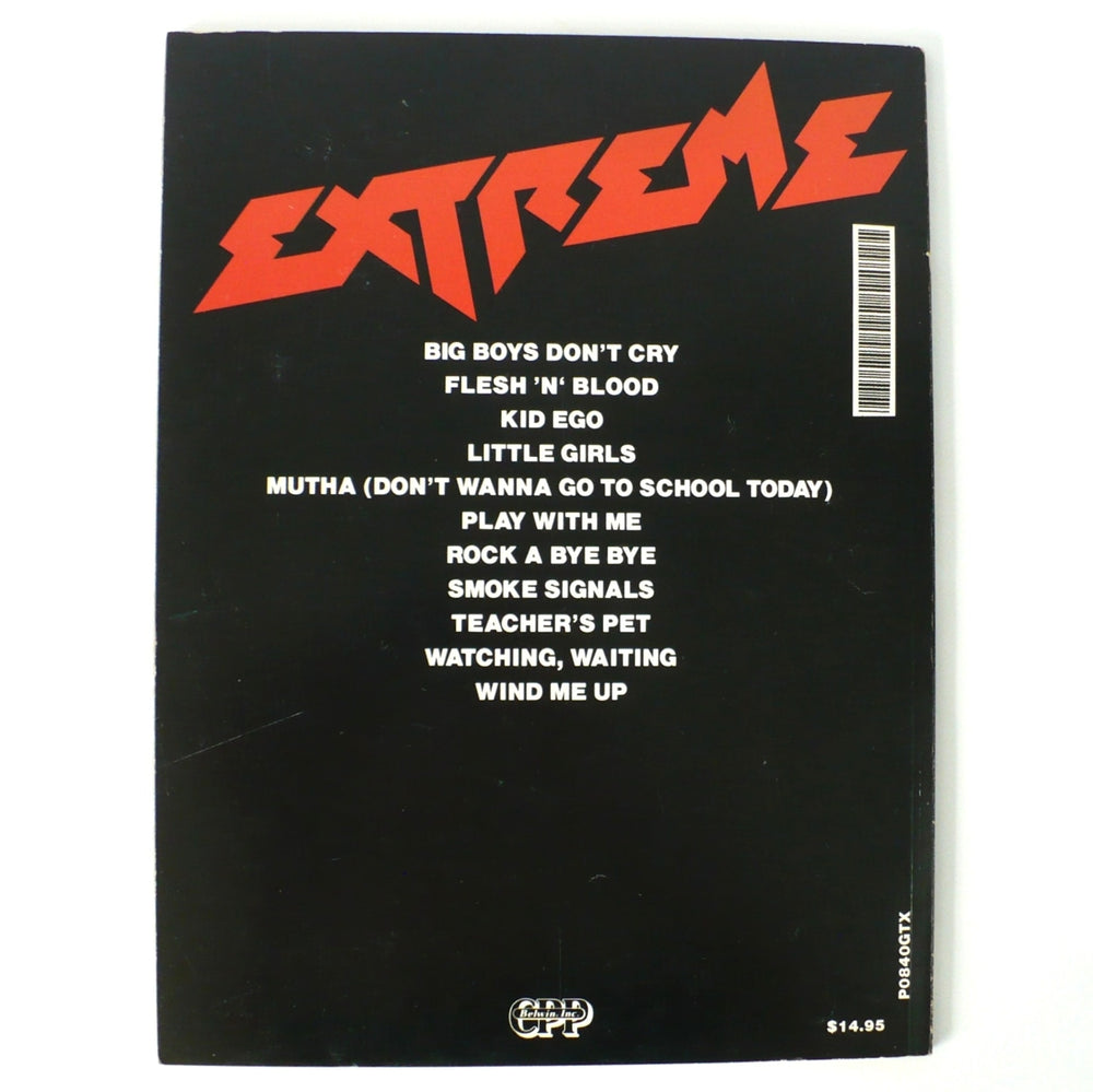 Back cover of 1989 Extreme debut guitar tab book with full tracklist including Play With Me and Kid Ego.