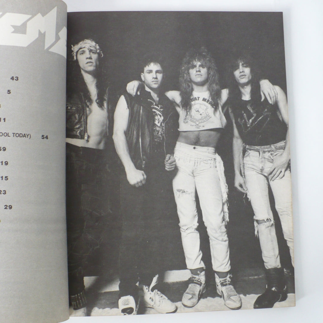Vintage black and white band photo of Extreme from the 1989 debut guitar tab book, featuring Gary Cherone, Nuno Bettencourt, Pat Badger, and Paul Geary.