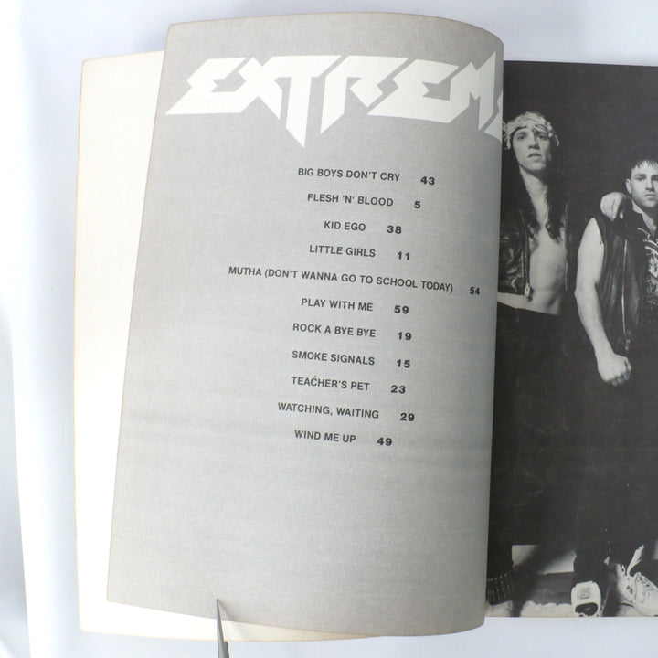Contents and tracklist page for 1989 Extreme debut guitar tab book, featuring songs including 'Kid Ego', 'Play With Me', and 'Mutha (Don't Wanna Go to School Today)'.