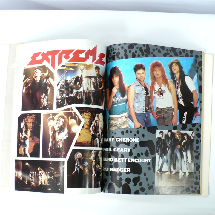 Two-page promotional photo spread from the 1989 Extreme debut guitar tab book, featuring band members Gary Cherone, Nuno Bettencourt, Pat Badger, and Paul Geary.
