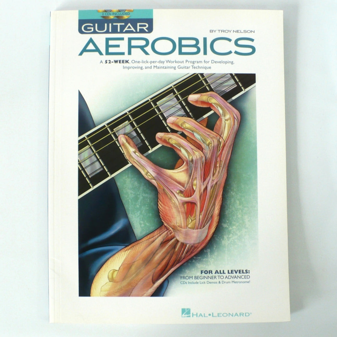 Book cover of 'Guitar Aerobics' by Troy Nelson with a hand holding a guitar.