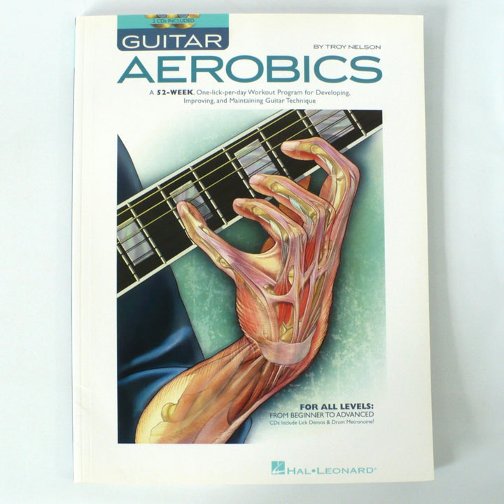 Book cover of 'Guitar Aerobics' by Troy Nelson with a hand holding a guitar.