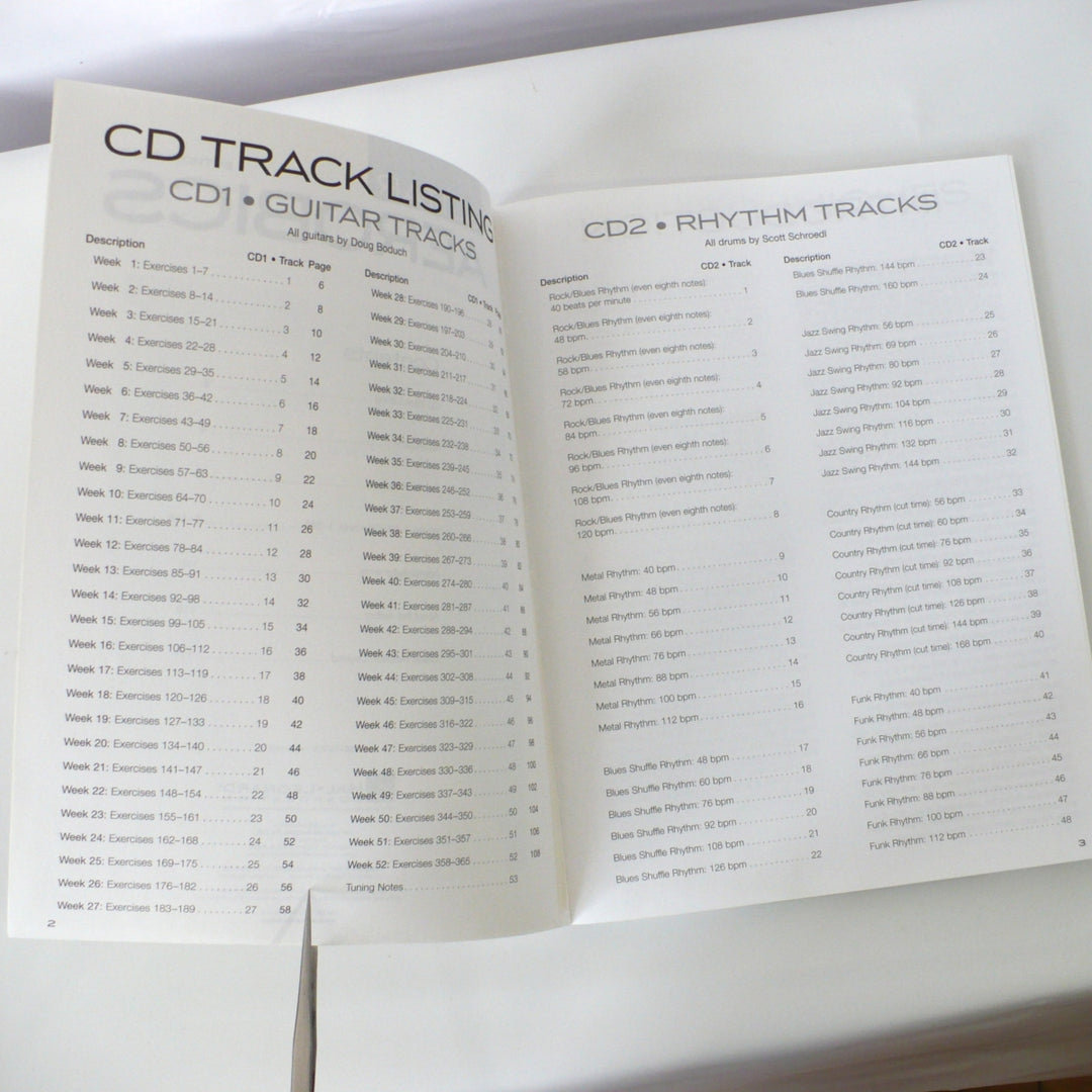 Sample lesson page from Guitar Aerobics book showing guitar tablature and practice schedule.