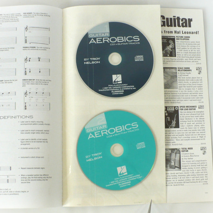 Close-up of original Guitar Aerobics audio CDs inside their protective sleeves.