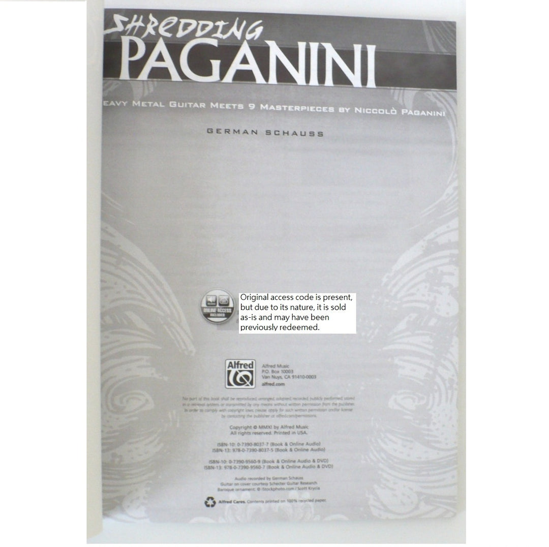 Title page of the 2011 first edition Shredding Paganini book, featuring publishing details and author information.