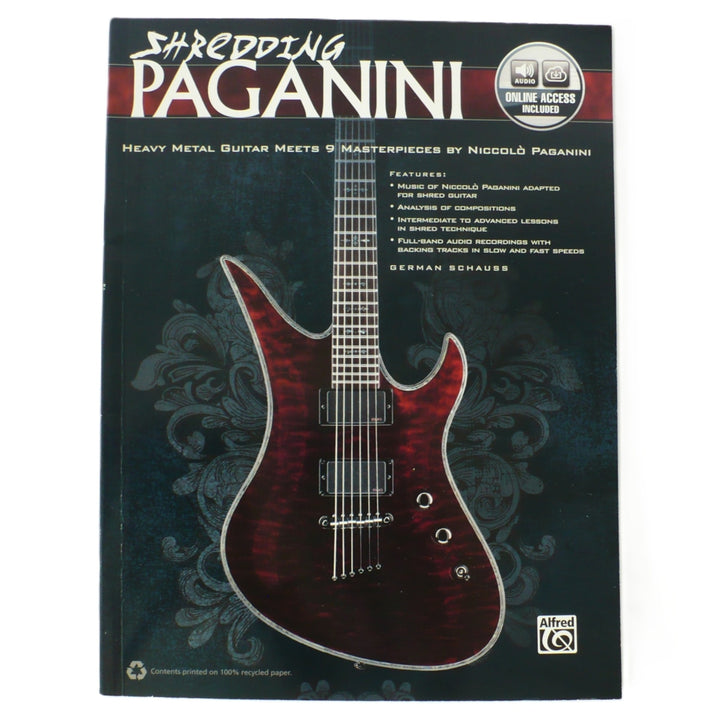 Guitar book titled 'Shredding Paganini' with a guitar illustration on the cover.