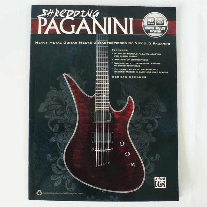 Back cover of Shredding Paganini guitar book, featuring the features list, Alfred Music branding, and 9-track list of Paganini adaptations.