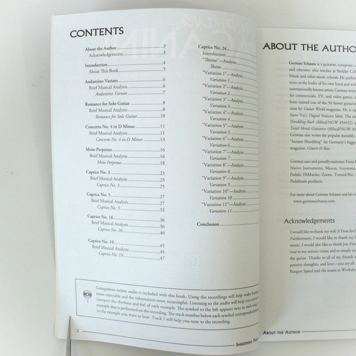 Interior pages of Shredding Paganini showing the comprehensive Table of Contents and About the Author section for this neoclassical metal guitar book.