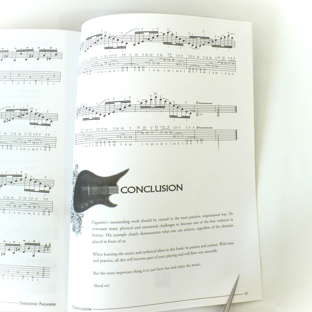 Interior page of Shredding Paganini showing the conclusion text and detailed musical notation for neoclassical guitar.