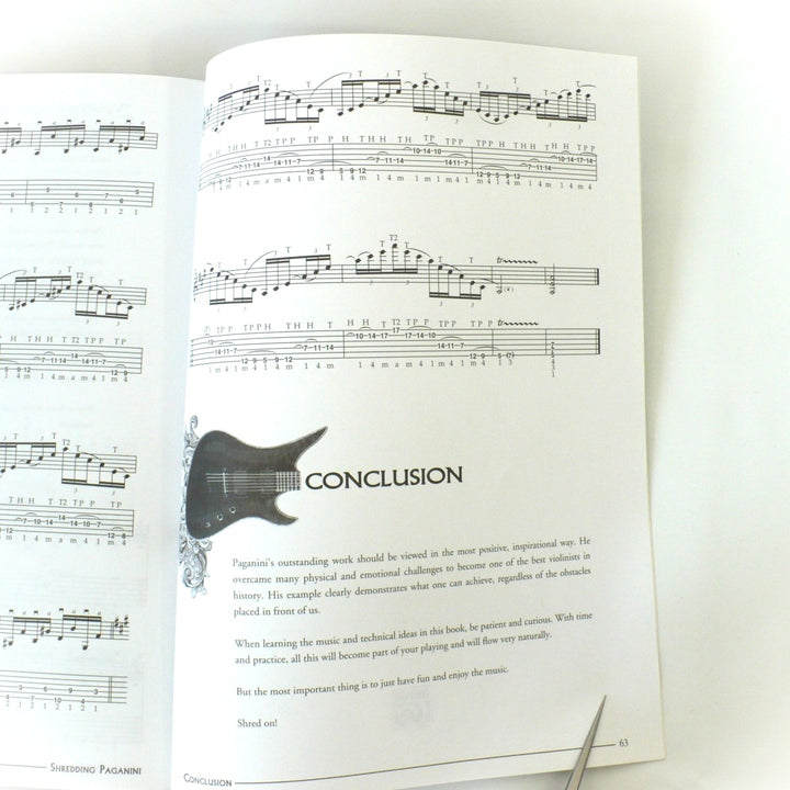 Interior page of Shredding Paganini showing the conclusion text and detailed musical notation for neoclassical guitar.