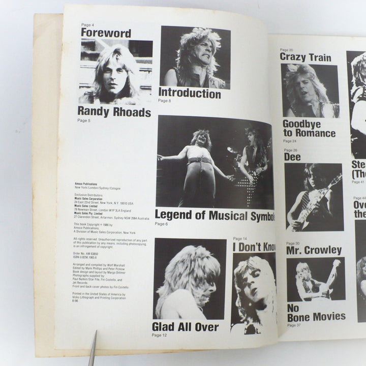 Interior table of contents spread from the 1986 first edition Original Randy Rhoads guitar tab book, detailing song titles like Crazy Train, Mr. Crowley, and Dee alongside iconic photography of Randy Rhoads.