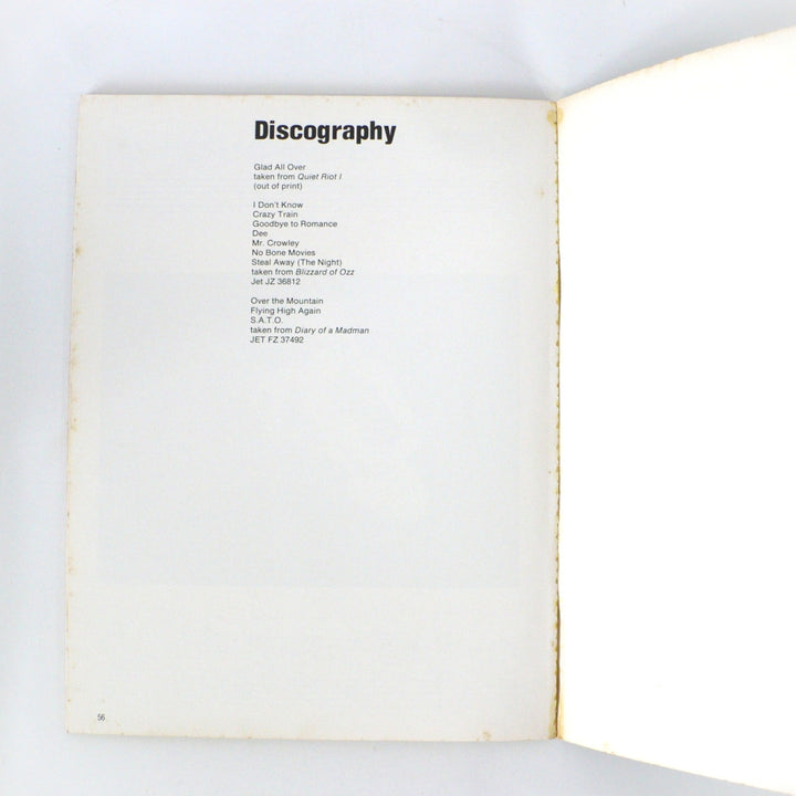 Discography page from the 1986 first edition Original Randy Rhoads guitar tab book, listing the albums and tracks transcribed in this collection.