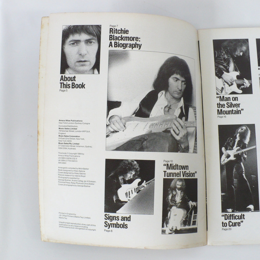 Table of Contents and song index page of the 1987 'Original Ritchie Blackmore' guitar tab book by Mick Barker, listing sections for biography, 'Man on the Silver Mountain', 'Midtown Tunnel Vision', and 'Difficult to Cure.