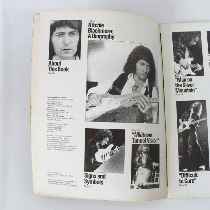Table of Contents and song index page of the 1987 'Original Ritchie Blackmore' guitar tab book by Mick Barker, listing sections for biography, 'Man on the Silver Mountain', 'Midtown Tunnel Vision', and 'Difficult to Cure.