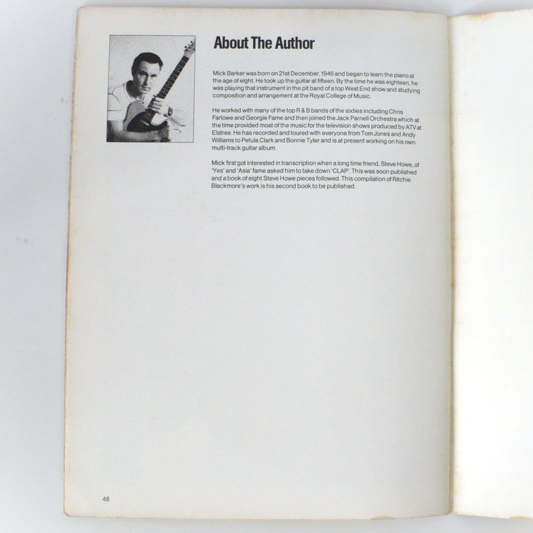 About the Author page from the 1987 'Original Ritchie Blackmore' guitar tab book, featuring a biography and portrait of author Mick Barker.