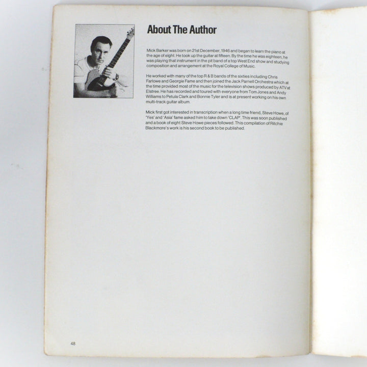 About the Author page from the 1987 'Original Ritchie Blackmore' guitar tab book, featuring a biography and portrait of author Mick Barker.