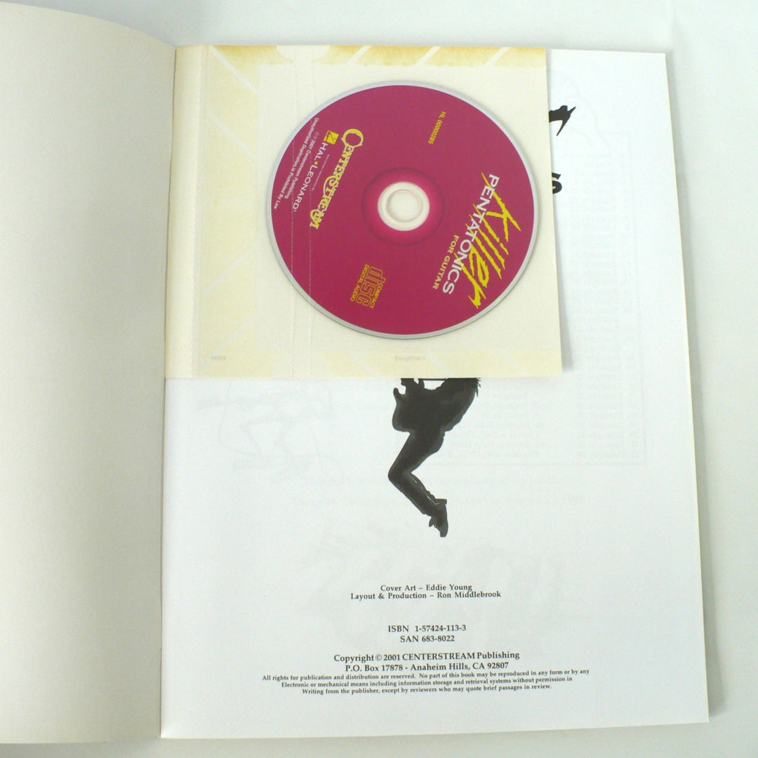Interior title page of Killer Pentatonics for Guitar showing the original 2001 Centerstream Publishing copyright and the included instructional CD in its sleeve.
