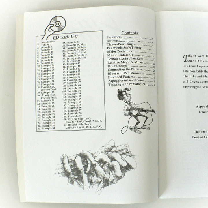 Table of contents and instructional CD track list for the 2001 edition of Killer Pentatonics for Guitar by Dave Celentano.