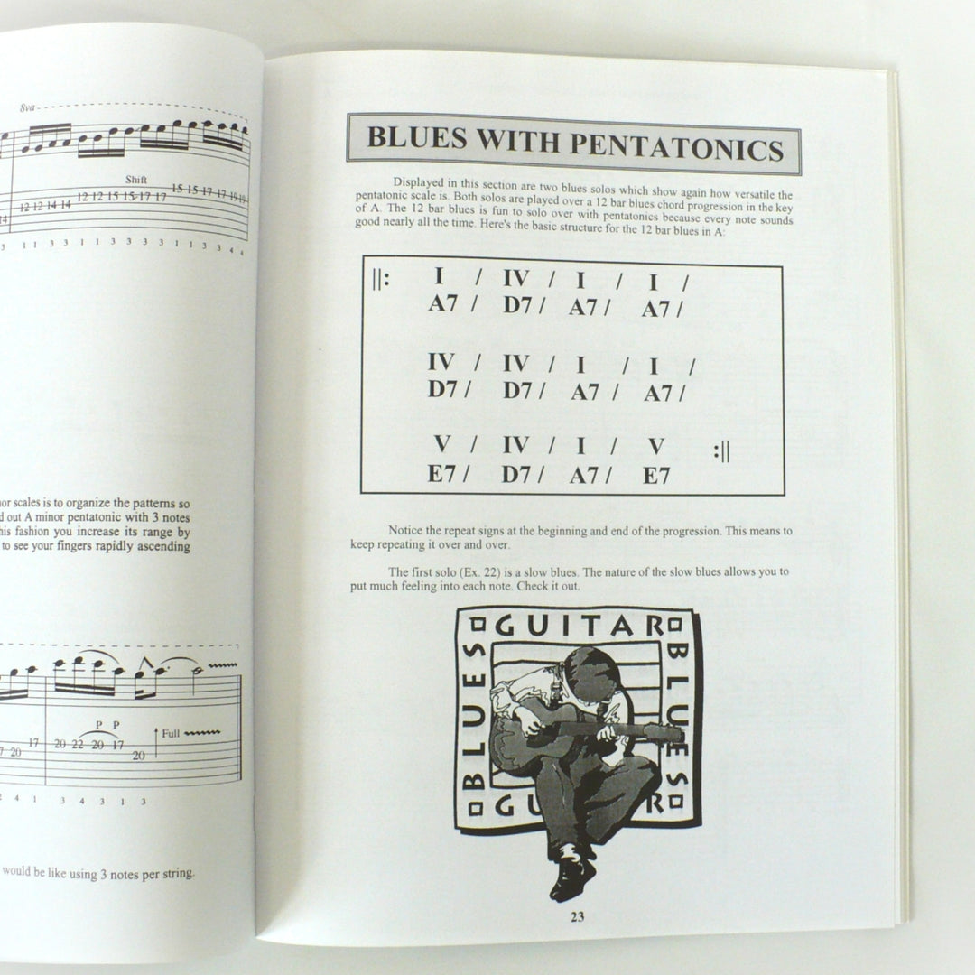 Instructional page from 'Killer Pentatonics for Guitar' showing blues with pentatonic scales and guitar tablature exercises.