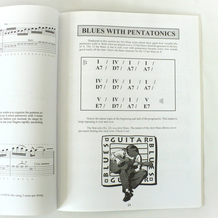 Instructional page from 'Killer Pentatonics for Guitar' showing blues with pentatonic scales and guitar tablature exercises.