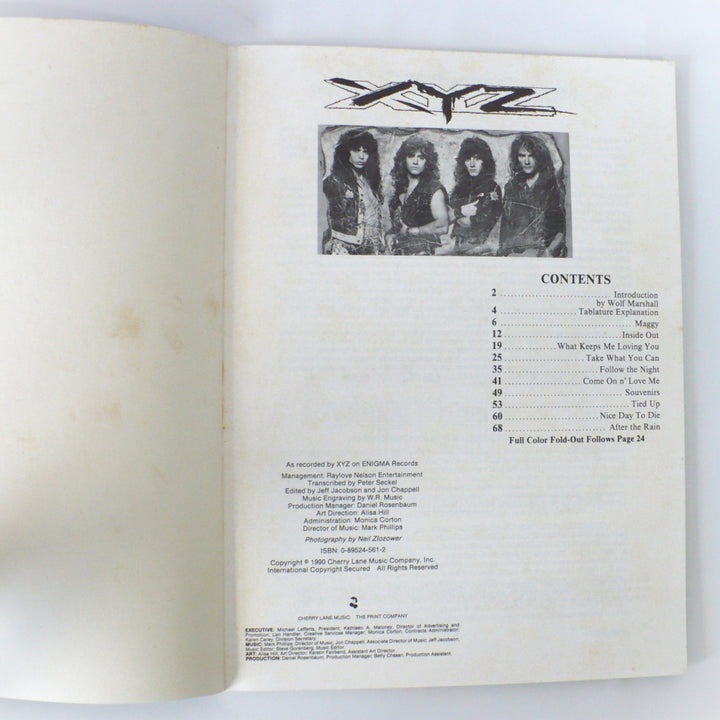 Interior title and contents page of 1990 XYZ guitar tab book showing the Cherry Lane Music copyright and the full tracklist.