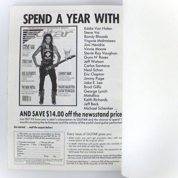 Vintage advertisement for Guitar Magazine featuring legendary artists, found inside the 1990 XYZ guitar tablature book.
