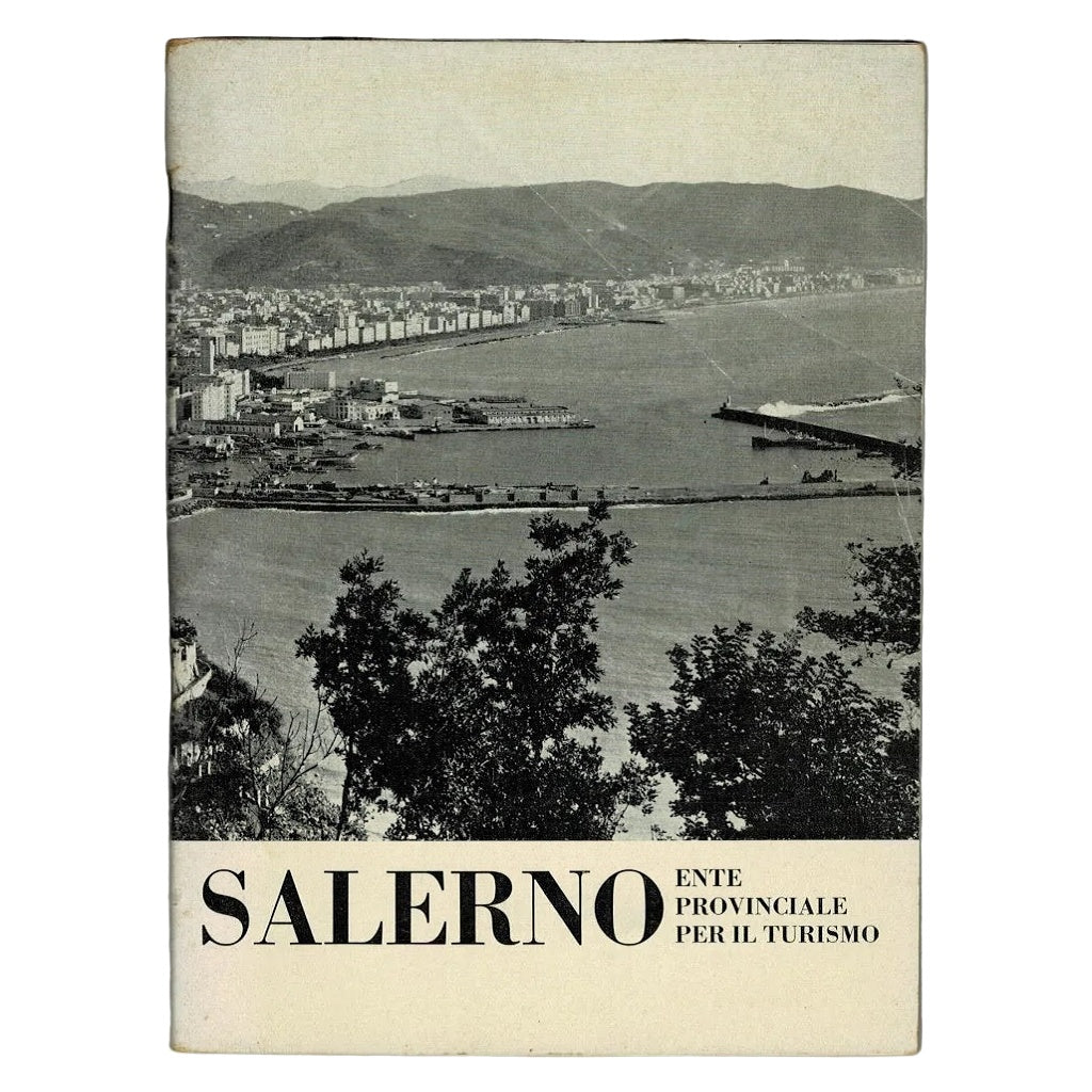 Vintage travel guide or brochure for Salerno with a scenic view of the city and sea.