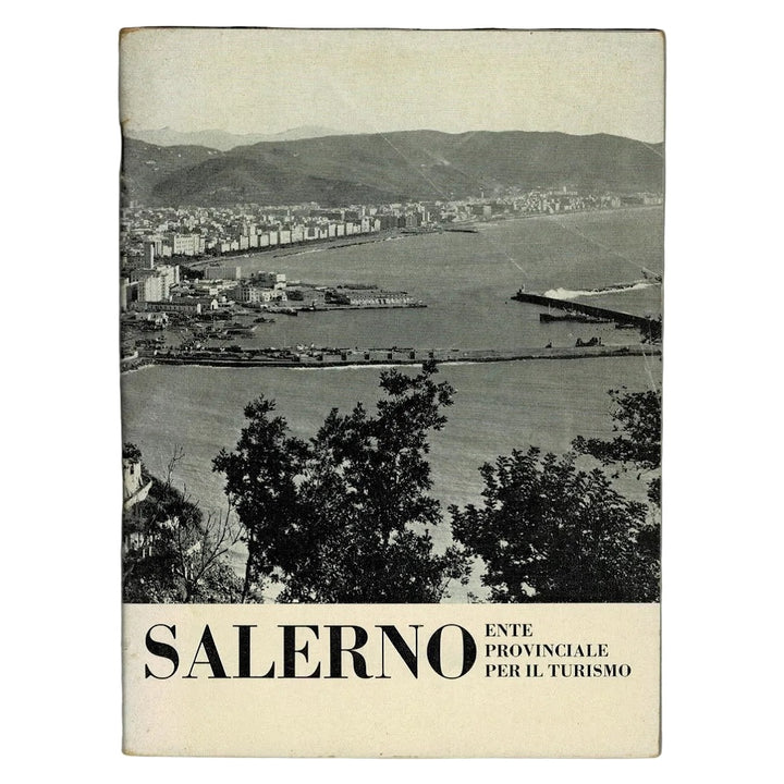 Vintage travel guide or brochure for Salerno with a scenic view of the city and sea.