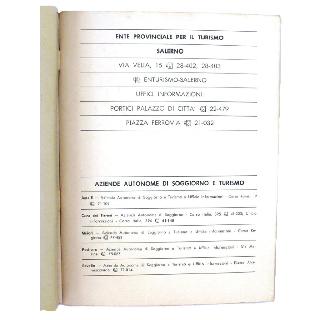 1969 guidebook titled 'Salerno e Provincia' with text about hotels and tourism.