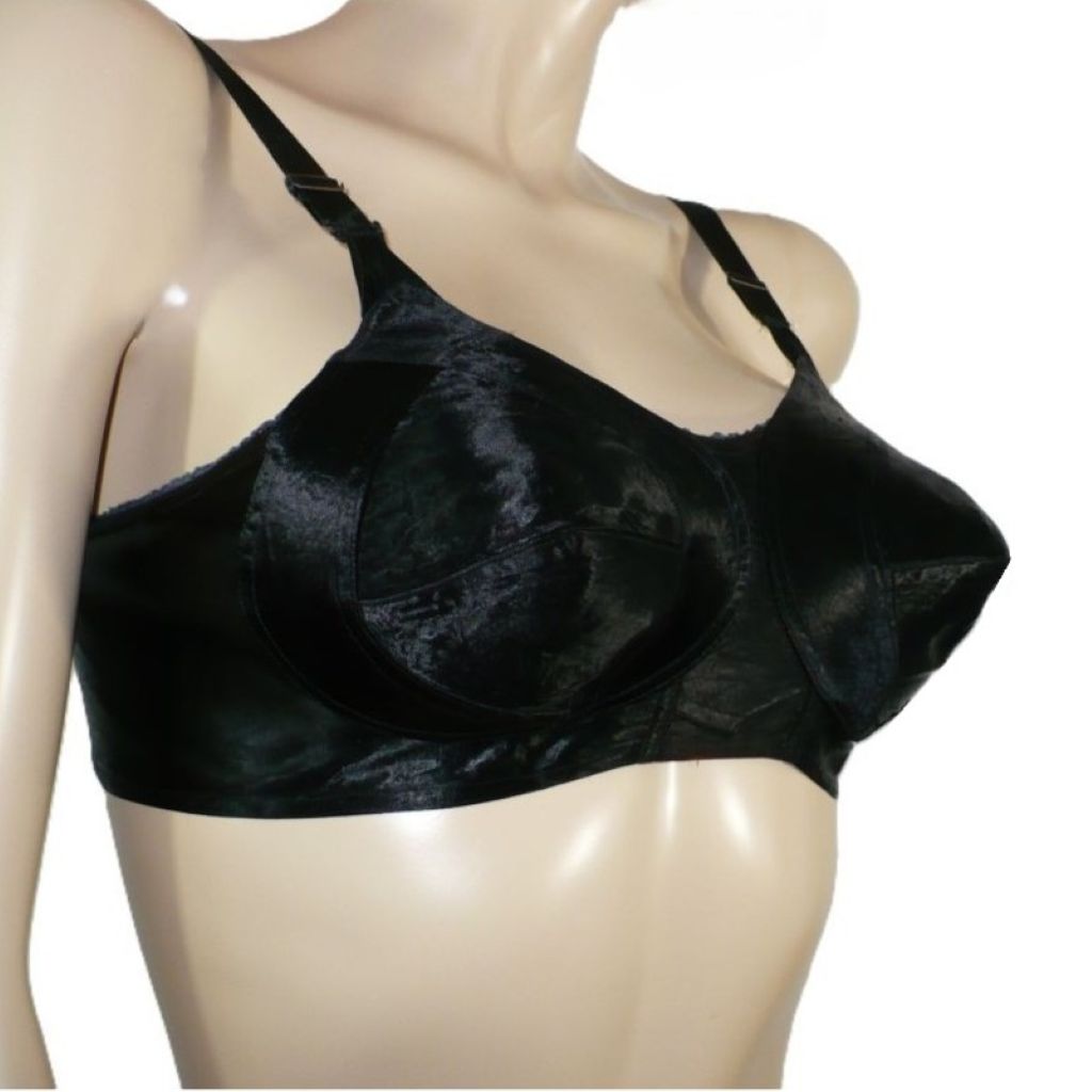 Black satin bra on a mannequin against a white background.