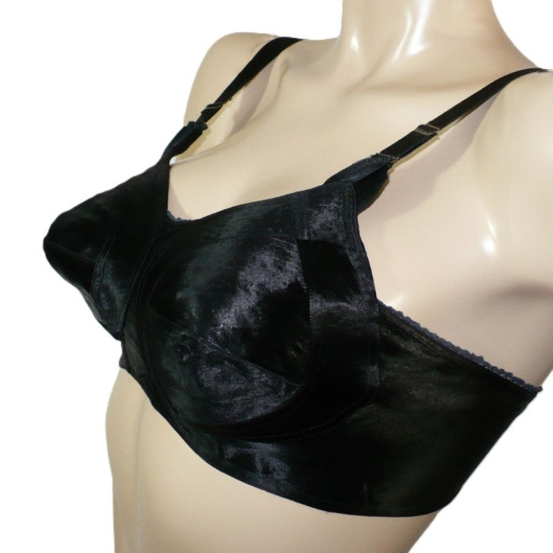 Black satin bra on a mannequin against a white background.