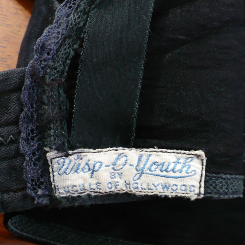 1950s Vintage Black Satin Bondage Babe Bra Whisp-O-Youth bra label.